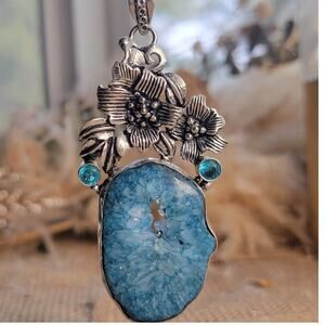 Sparkling Blue Druzy Quartz Pendant, Sterling Silver Necklace With Floral Design